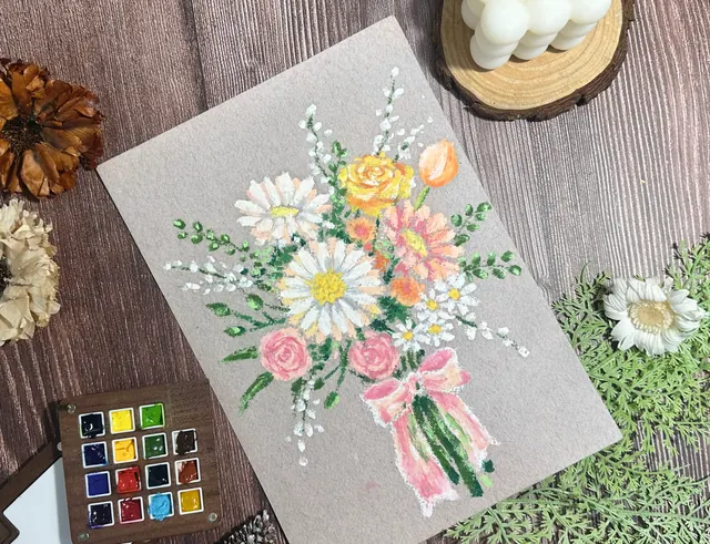 手綁花束｜油性粉彩作品