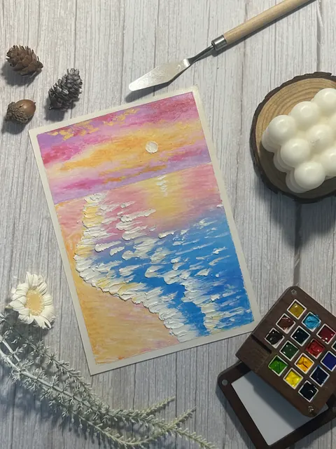 暮色海濱｜油性粉彩作品