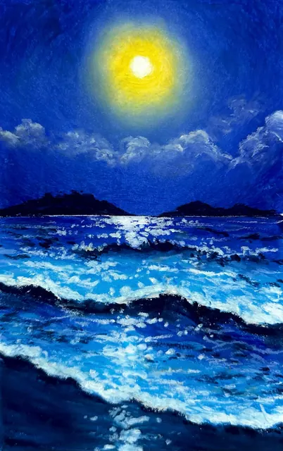 海上月光油性粉彩作品
