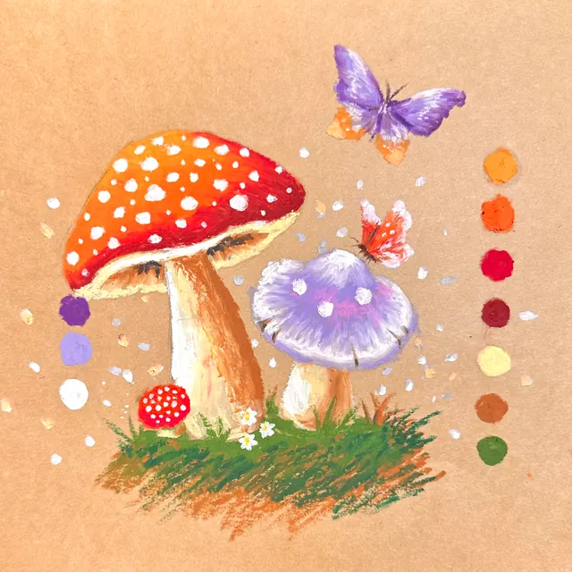蘑菇與蝶｜油性粉彩作品