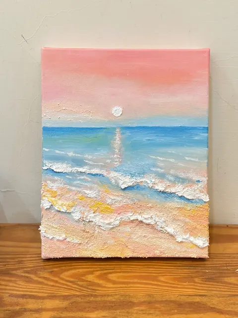 粉色夕陽壓克力肌理畫作品