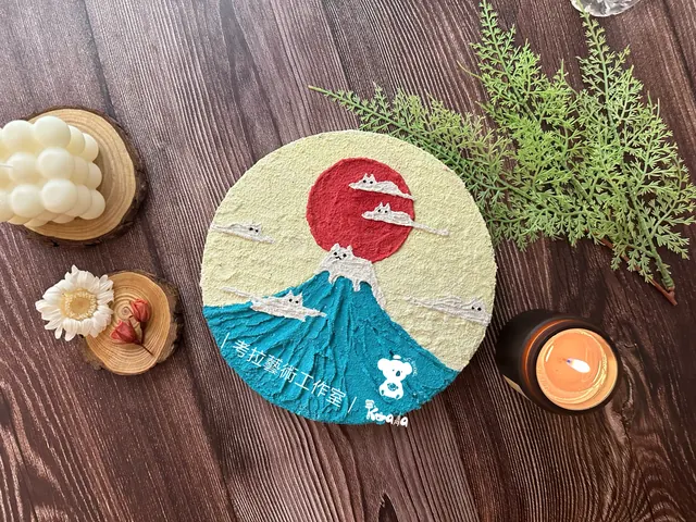 貓咪富士山壓克力肌理畫作品