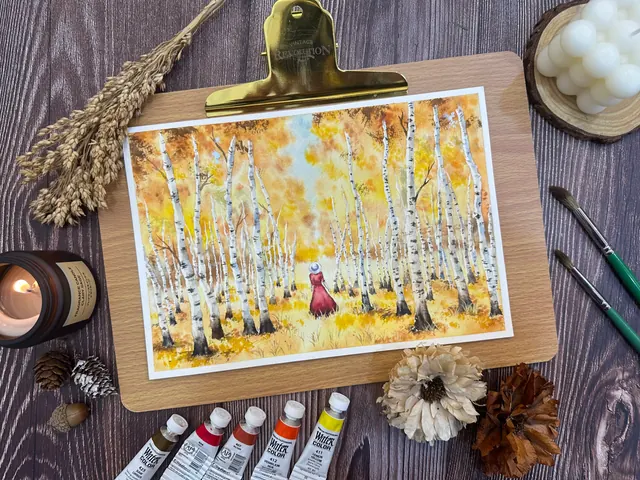 秋日白樺｜水彩作品