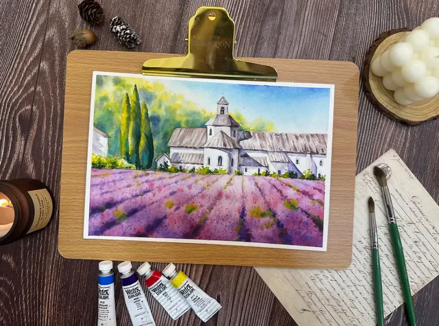 薰衣草田水彩作品